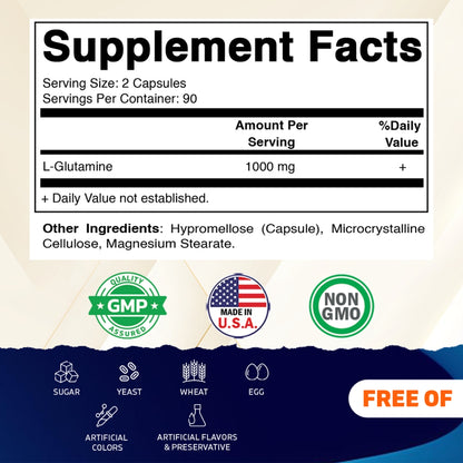 Vitamatic L-Glutamine 1000 mg Per Serving, 180 Vegetarian Capsules, Non-GMO, Gluten Free, Amino Acid Supplement, Made in the USA