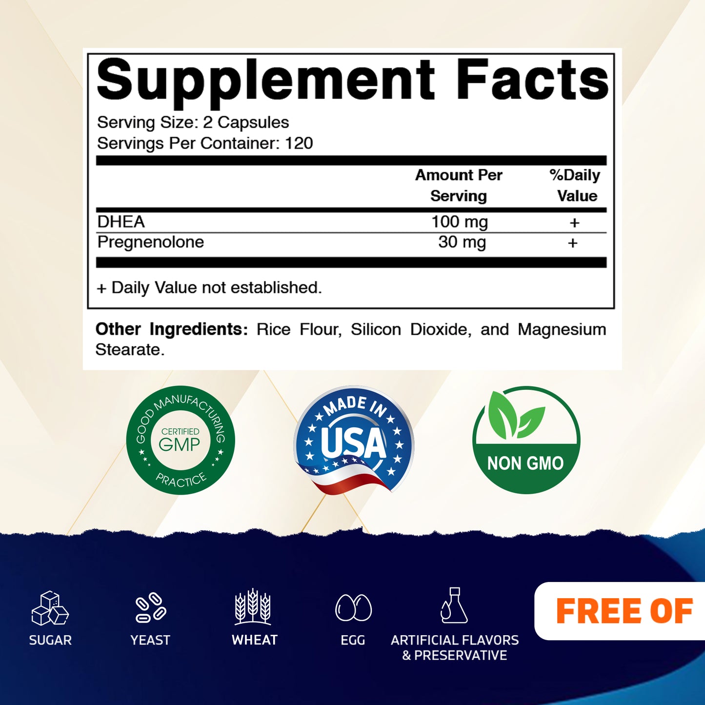 DHEA 100 mg + Pregnenolone 30 mg | 240 Capsules | Non-GMO | Made in USA