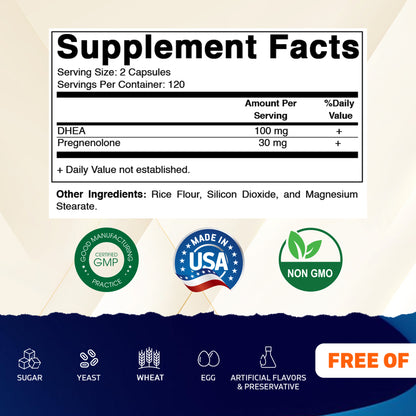 DHEA 100 mg + Pregnenolone 30 mg | 240 Capsules | Non-GMO | Made in USA