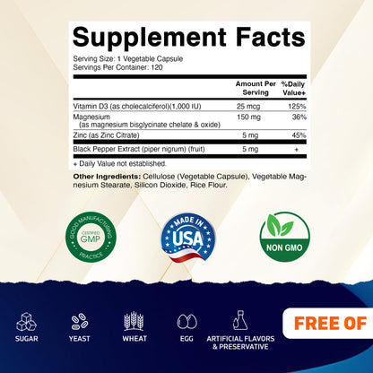 Vitamatic Magnesium (from Bisglycinate & Oxide) with Vitamin D3 & Zinc - 120 Veg Capsules