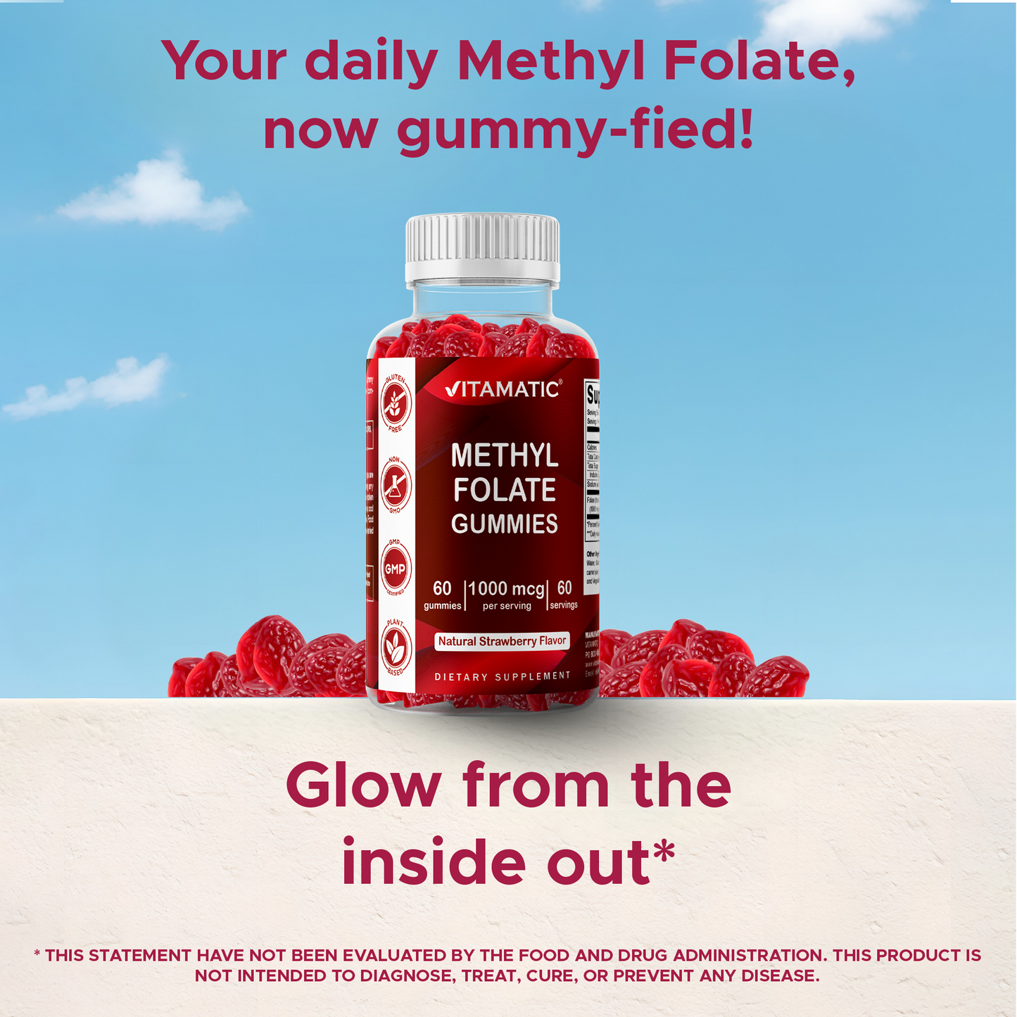 Methylfolate Gummies 1000 mcg – Active 5-MTHF Form – Natural Strawberry Flavor – 60 Gummies
