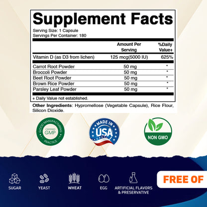 Vitamatic Vegan Vitamin D3 5000 IU | Plant Based Vitamin D from Lichen | Made with Carrot, Beet, Broccoli, Brown Rice & Parsley | 180 Capsules | Non-GMO, Gluten-Free | Made in USA
