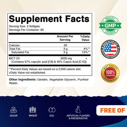 MCT Oil 3000mg per Serving, 180 Softgels