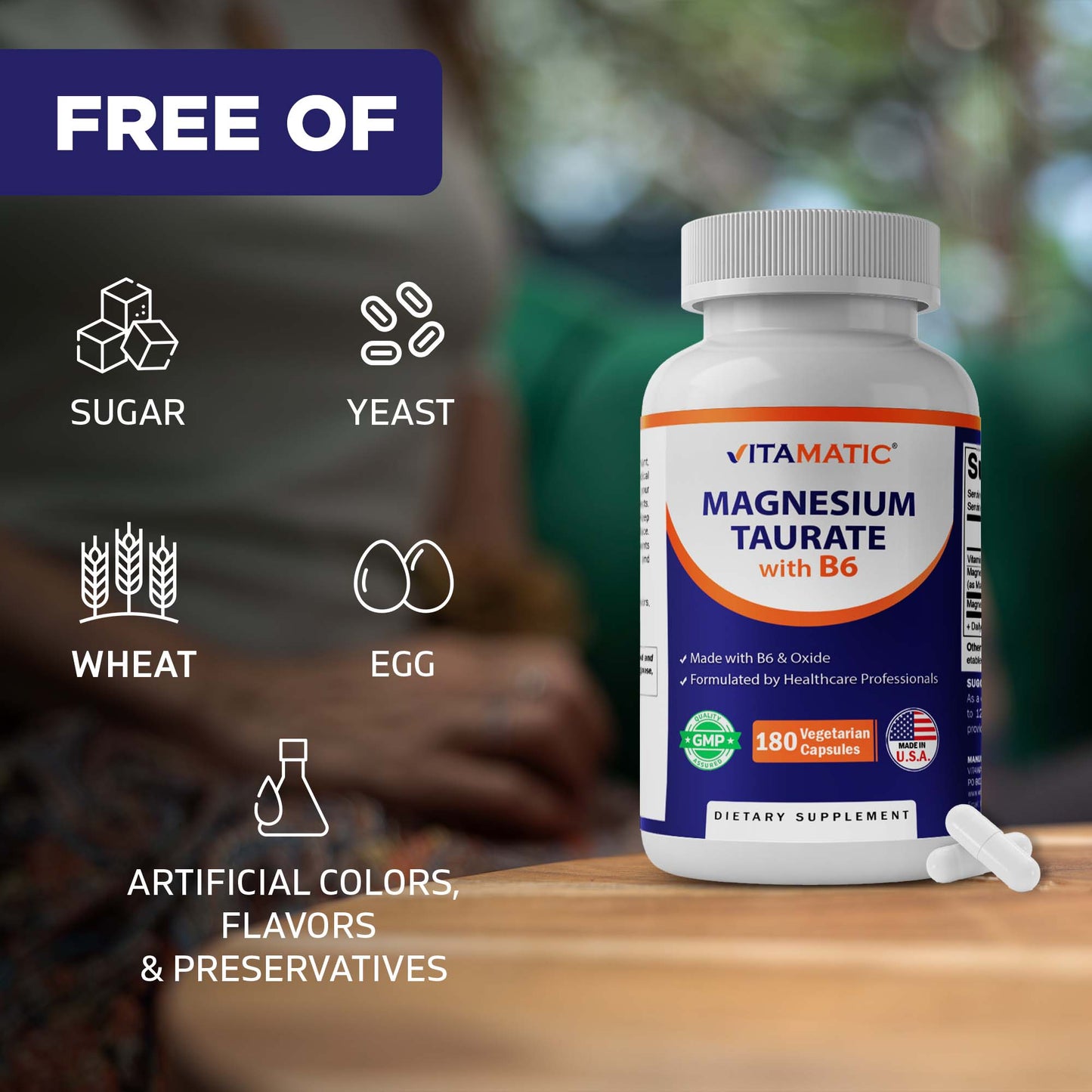 Vitamatic Magnesium Taurate with B6, 180 Veg Capsules