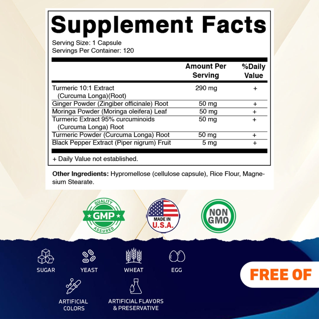 Vitamatic Turmeric Curcumin Supplement – Plant-Based Botanical Extract with Black Pepper, Ginger & Moringa – Vegetarian, Non-GMO, Gluten-Free – 120 Capsules