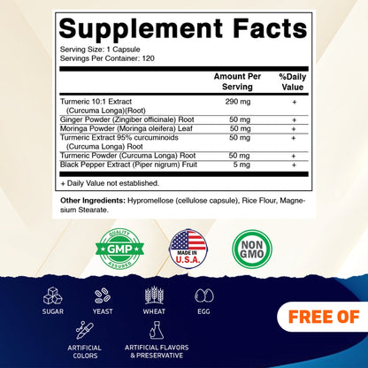 Vitamatic Turmeric Curcumin Supplement – Plant-Based Botanical Extract with Black Pepper, Ginger & Moringa – Vegetarian, Non-GMO, Gluten-Free – 120 Capsules