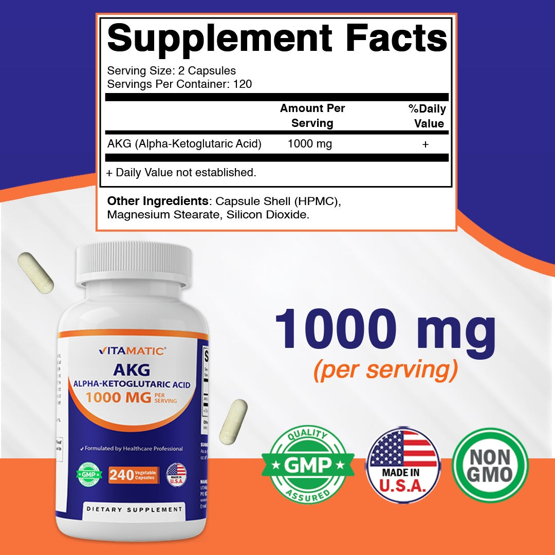 Alpha-Ketoglutaric Acid (AKG) 1000 mg Per Serving – 240 Veg Capsules
