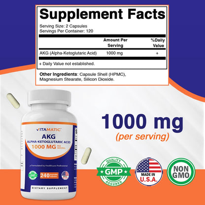 Alpha-Ketoglutaric Acid (AKG) 1000 mg Per Serving – 240 Veg Capsules