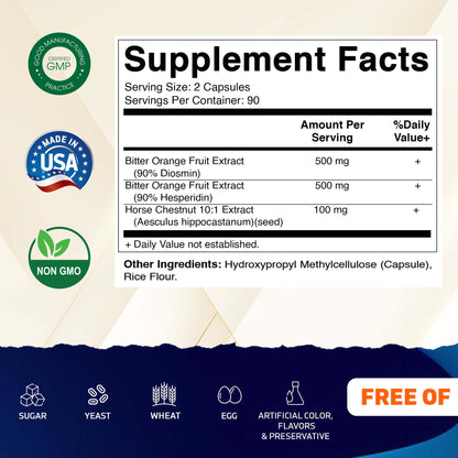 Diosmin Hesperidin 1000mg with Horse Chestnut Extract 100 mg – 180 Capsules – Citrus Bioflavonoids Complex – Non-GMO – Made in USA