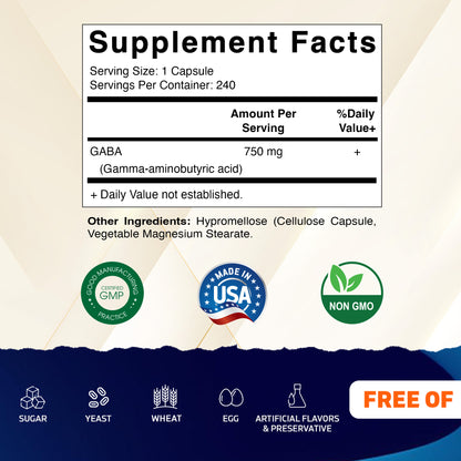 GABA (Gamma Aminobutyric Acid)  750mg - 240 Vegetable Capsules