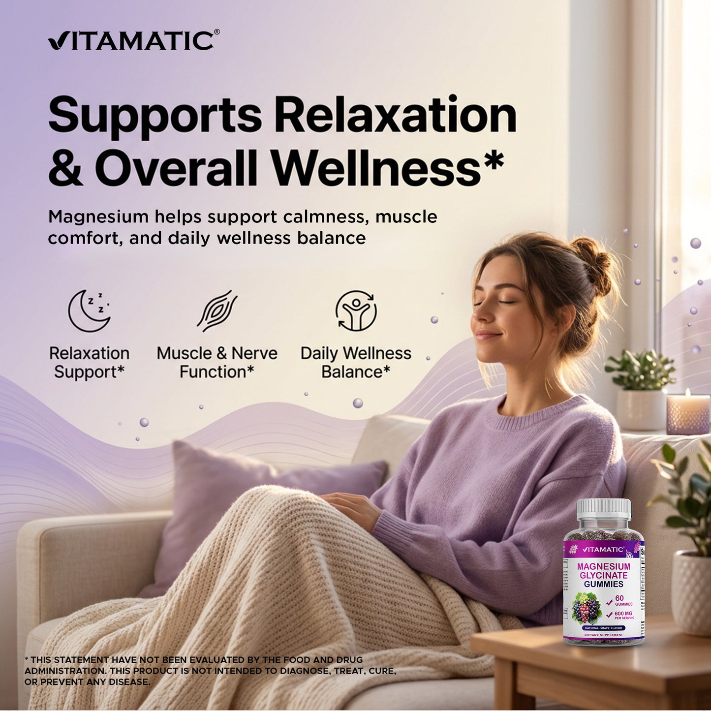 Magnesium Glycinate Gummies 600 mg per Serving – 60 Ct – Natural Grape Flavor