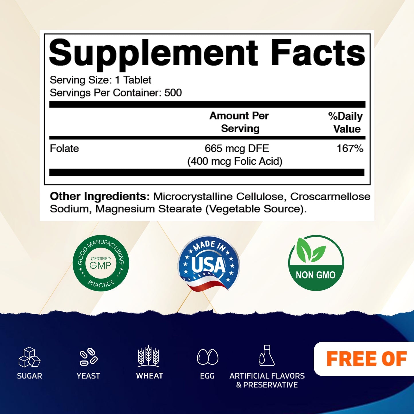 Folic Acid 400mcg - 500 Vegetarian Tablets