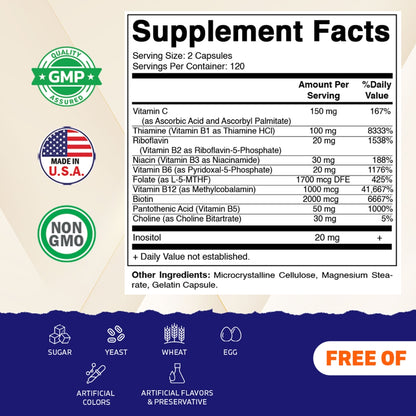 Methylated B-Complex Vitamins – 240 Capsules | Includes Methyl B12, L-5-MTHF Folate, Choline, Inositol, B1, B2, B3, B5, B6, Biotin -240 Ct