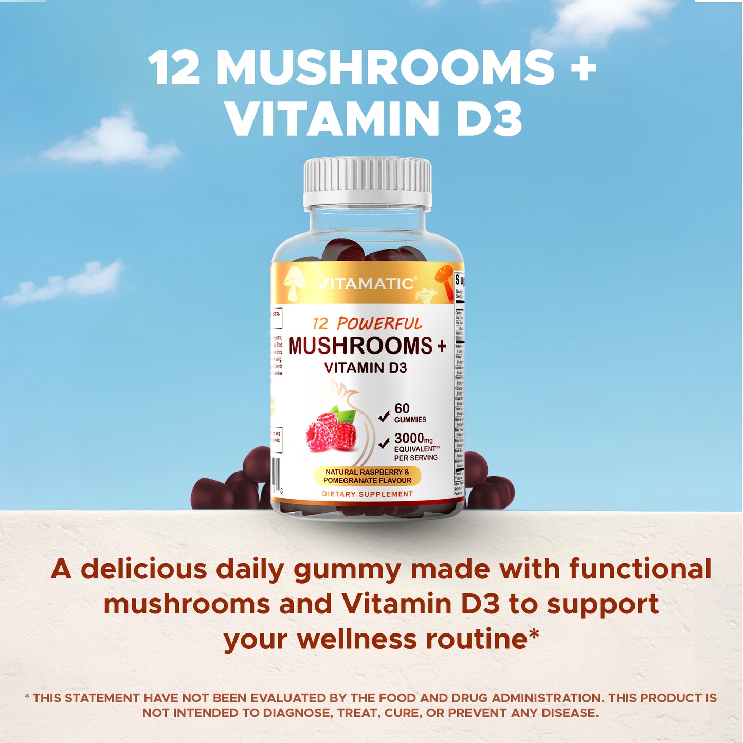Mushroom Complex with D3 Gummies 3000 mg - 60 Pectin Based Gummies