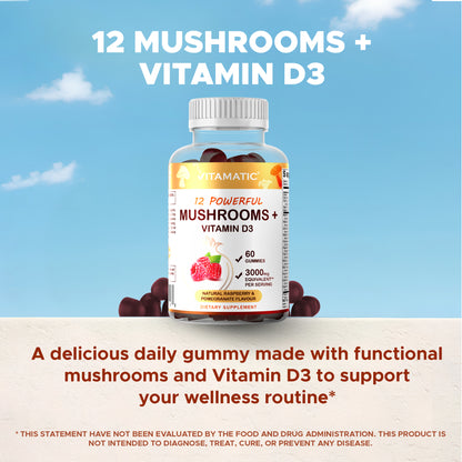 Mushroom Complex with D3 Gummies 3000 mg - 60 Pectin Based Gummies