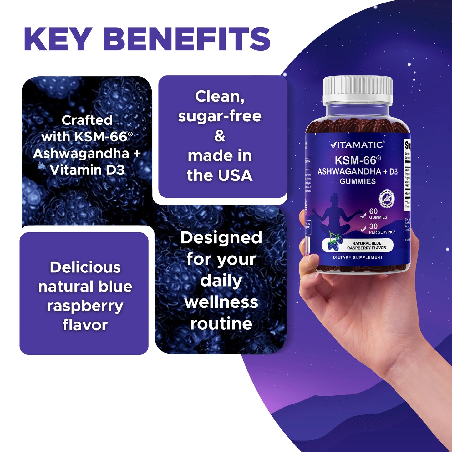 Vitamatic KSM-66® Ashwagandha + D3 Gummies – Natural Blue Raspberry Flavor – 60 Gummies