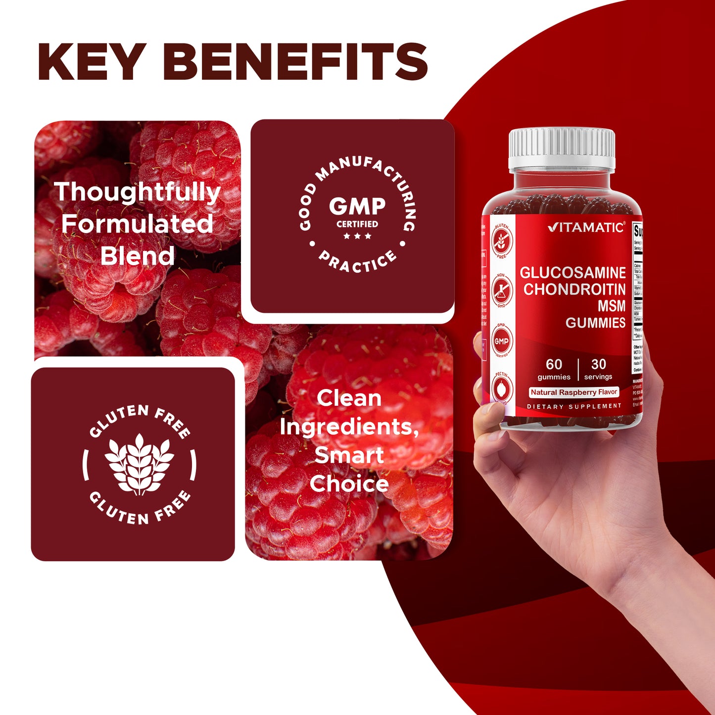 Vitamatic Glucosamine Chondroitin MSM Gummies highlighting thoughtfully formulated blend, gluten free, GMP certified, and clean ingredients.