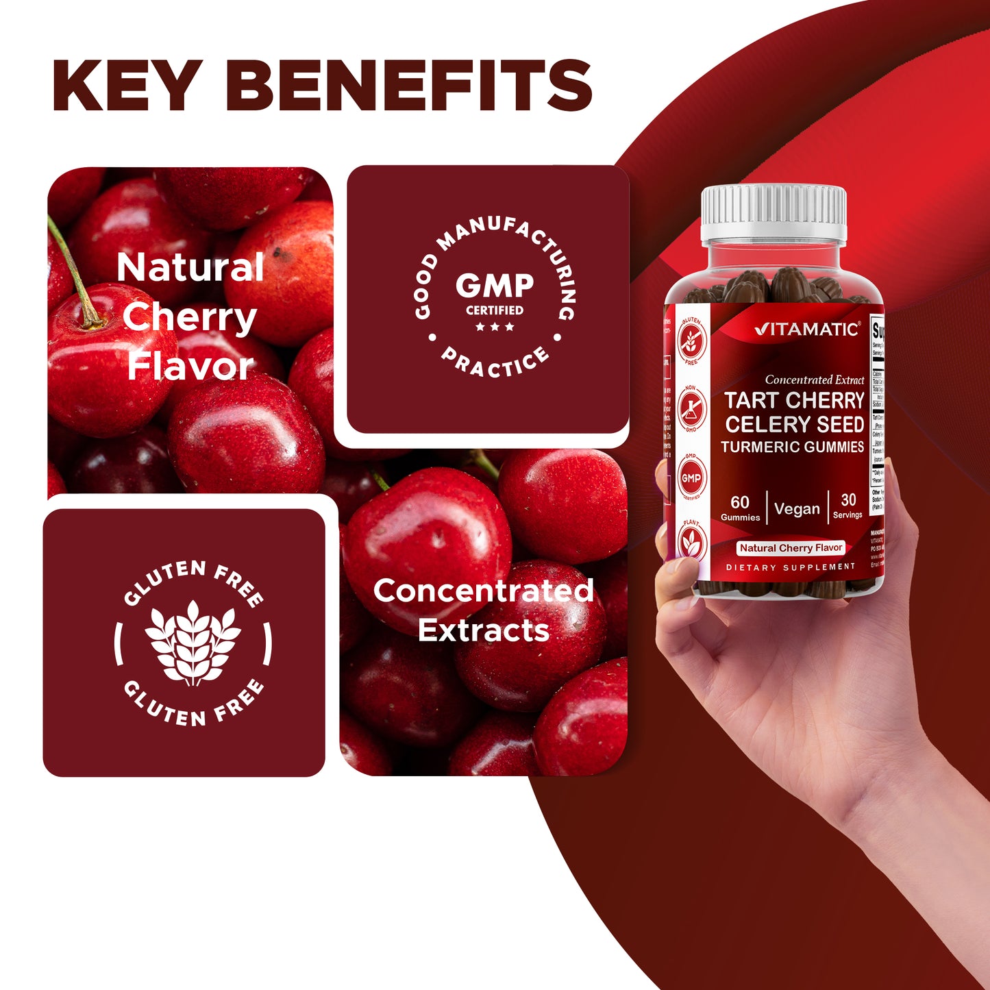 Vitamatic Tart Cherry (360 mg) with Celery Seed (30 mg) 10:1 Extract & Turmeric 20:1 Extract (10 mg) - (Per Serving/2 Gummies) - 60 Gummies