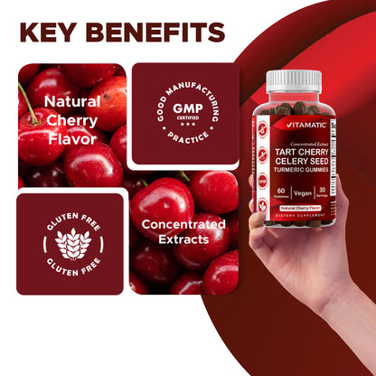 Vitamatic Tart Cherry (360 mg) with Celery Seed (30 mg) 10:1 Extract & Turmeric 20:1 Extract (10 mg) - (Per Serving/2 Gummies) - 60 Gummies