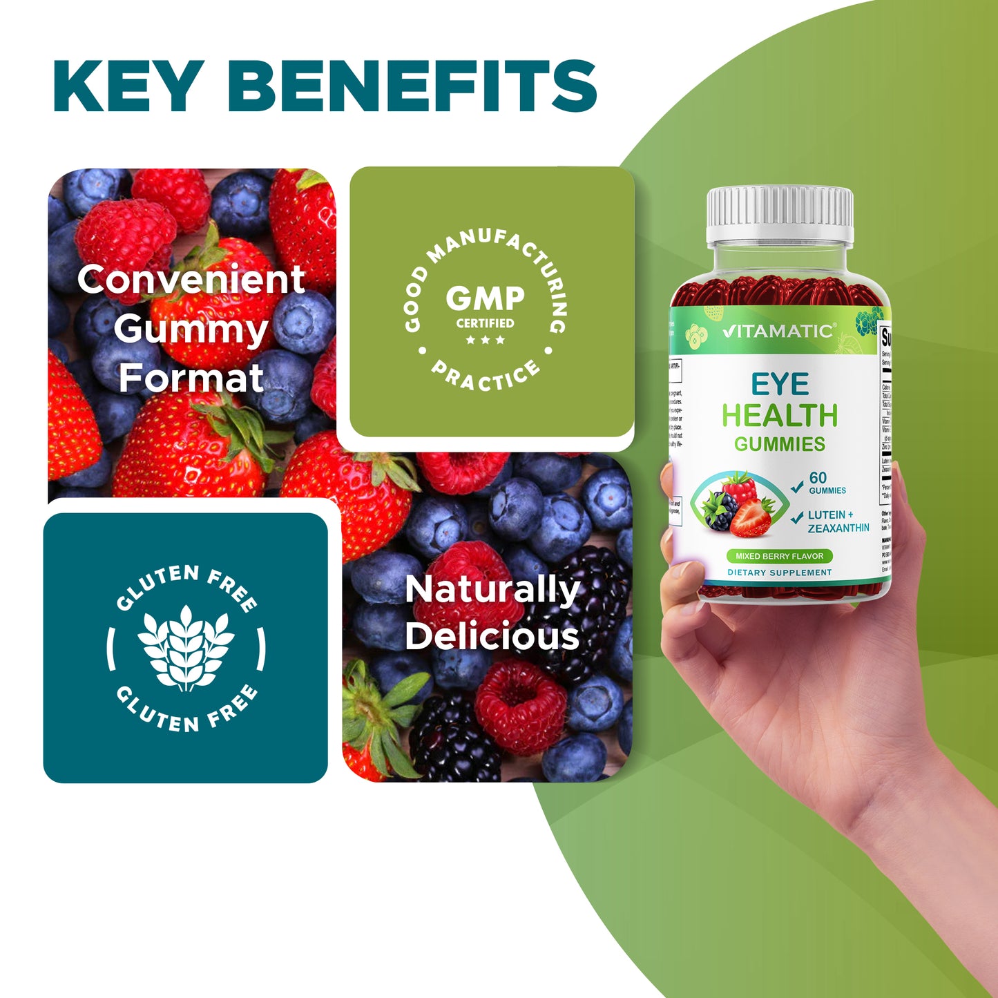 Vitamatic Eye Health Gummies with Lutein, Zeaxanthin, Vitamin C, E & Zinc – Mixed Berry Flavor – 60 Gummies