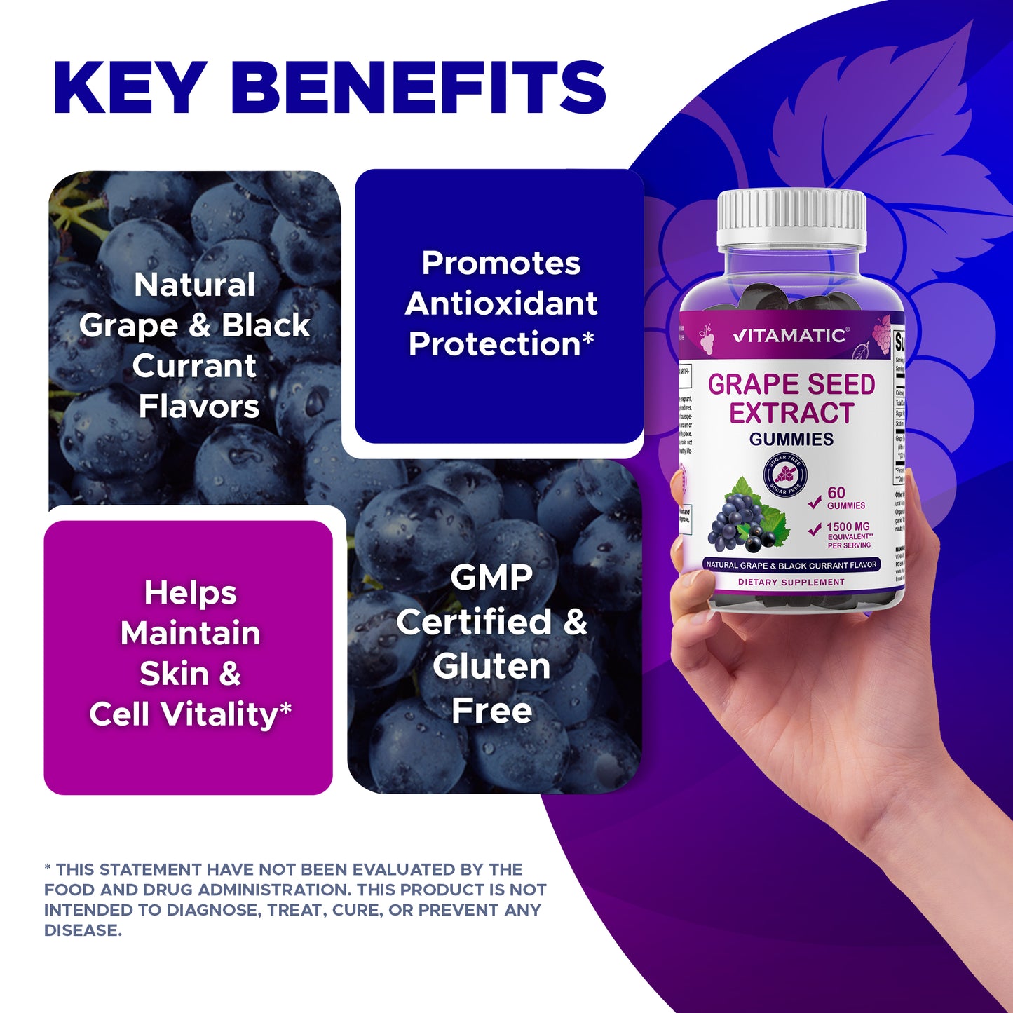 Grape Seed Extract Gummies – 1500 mg Equivalent per Serving - 60 Gummies – Natural Grape & Black Currant Flavor