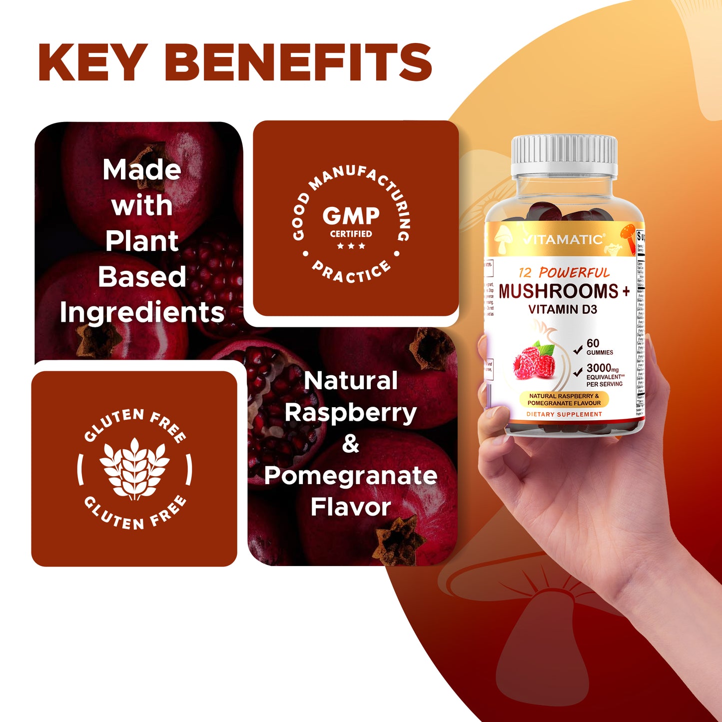 Mushroom Complex with D3 Gummies 3000 mg - 60 Pectin Based Gummies