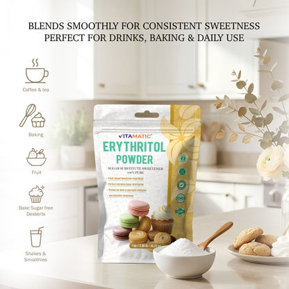 Erythritol Powder 1 kg (2.2 lb) - 100% Pure Sugar Substitute Sweetener – Non-GMO, Gluten Free
