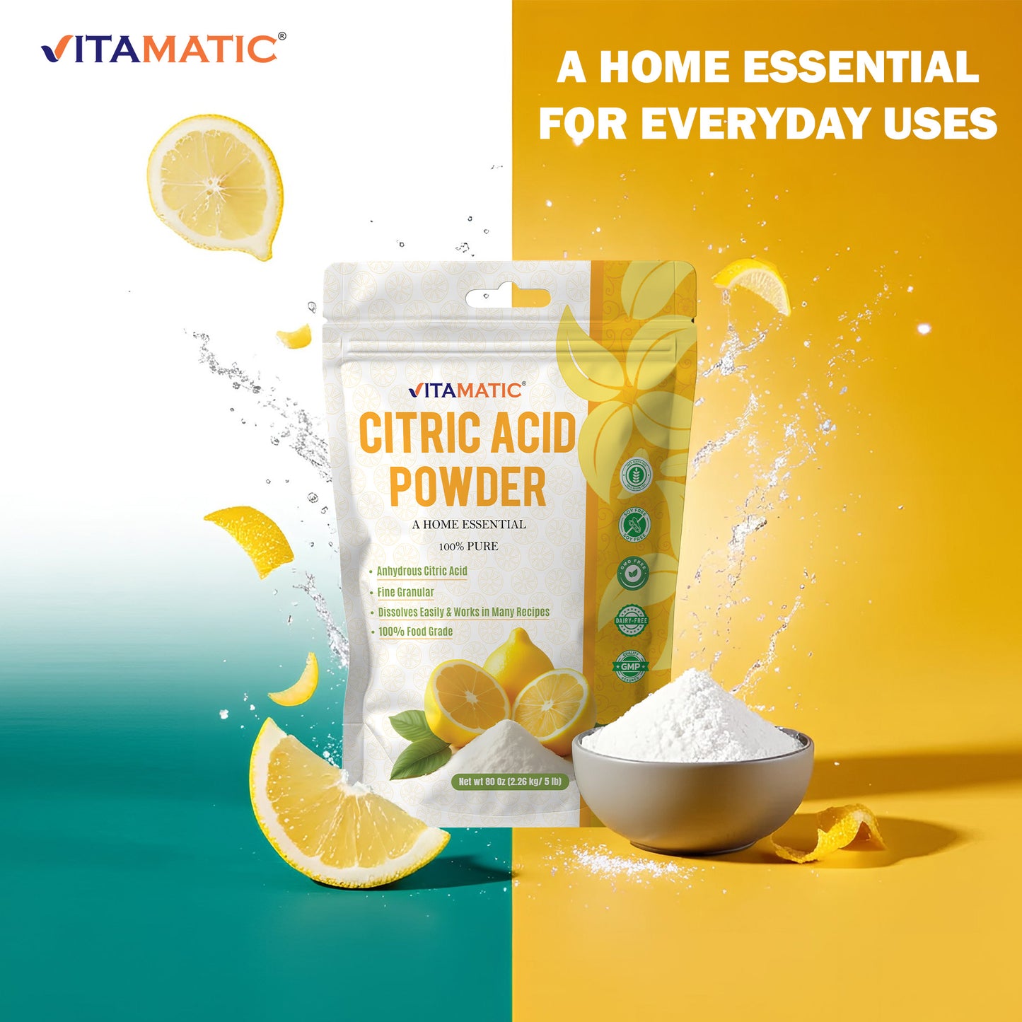 Vitamatic Citric Acid Powder 5 lb (80 oz) – 100% Pure Anhydrous Crystalline Granules, Food Grade, Easy Dissolving for Cooking, Baking, Cleaning & Preserving