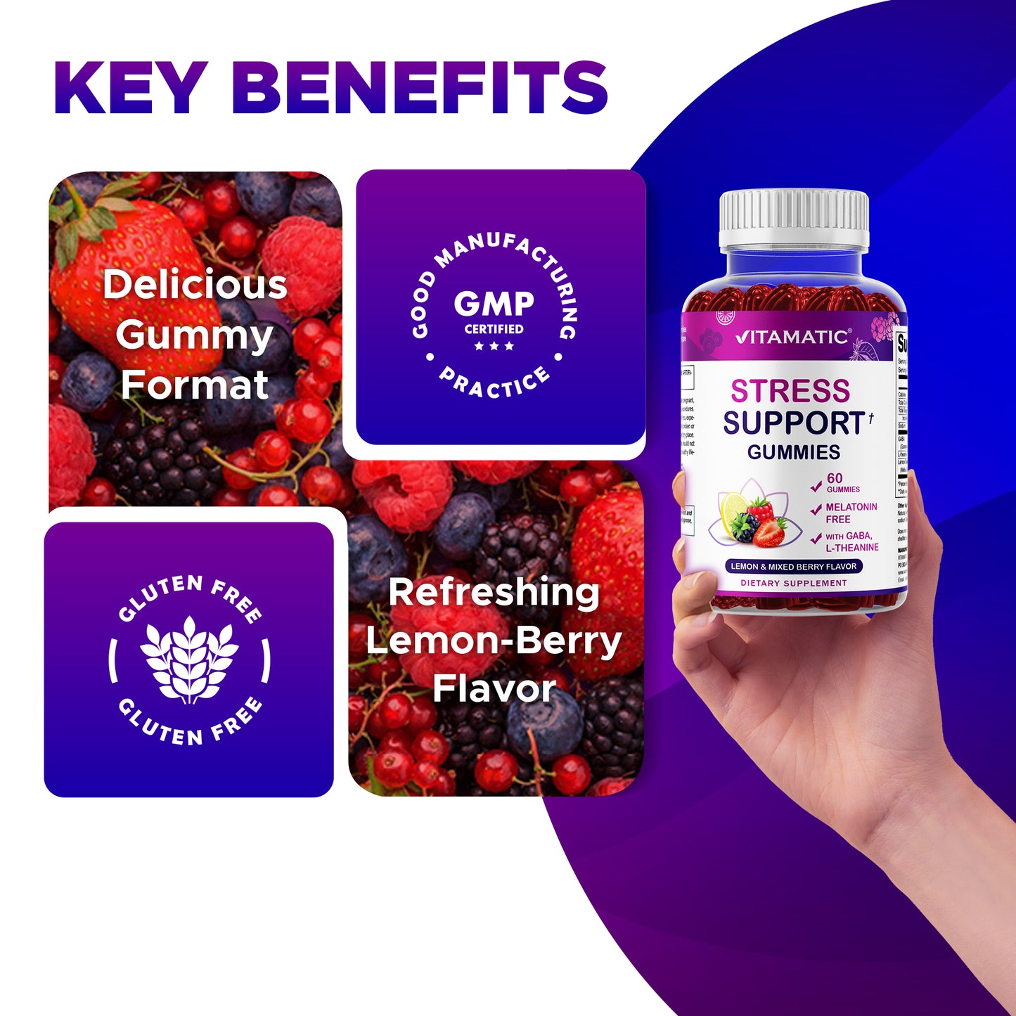 Vitamatic Stress Relief Gummies with GABA, L-Theanine, Lemon Balm – Lemon & Mixed Berry Flavor – 60 Gummies