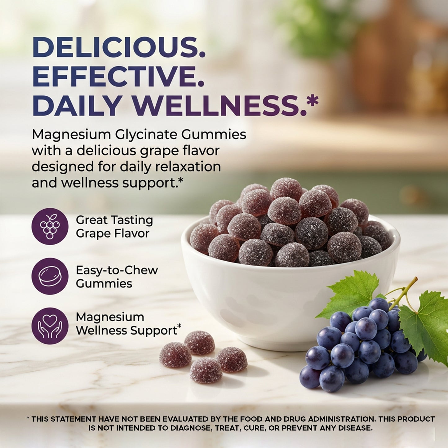 Magnesium Glycinate Gummies 600 mg per Serving – 60 Ct – Natural Grape Flavor