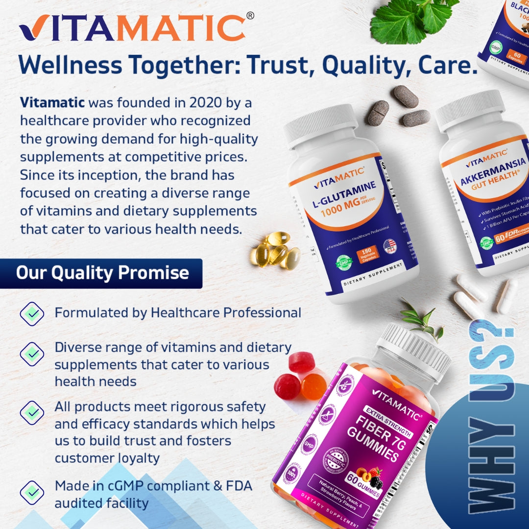 Vitamatic L-Glutamine 1000 mg Per Serving, 180 Vegetarian Capsules, Non-GMO, Gluten Free, Amino Acid Supplement, Made in the USA