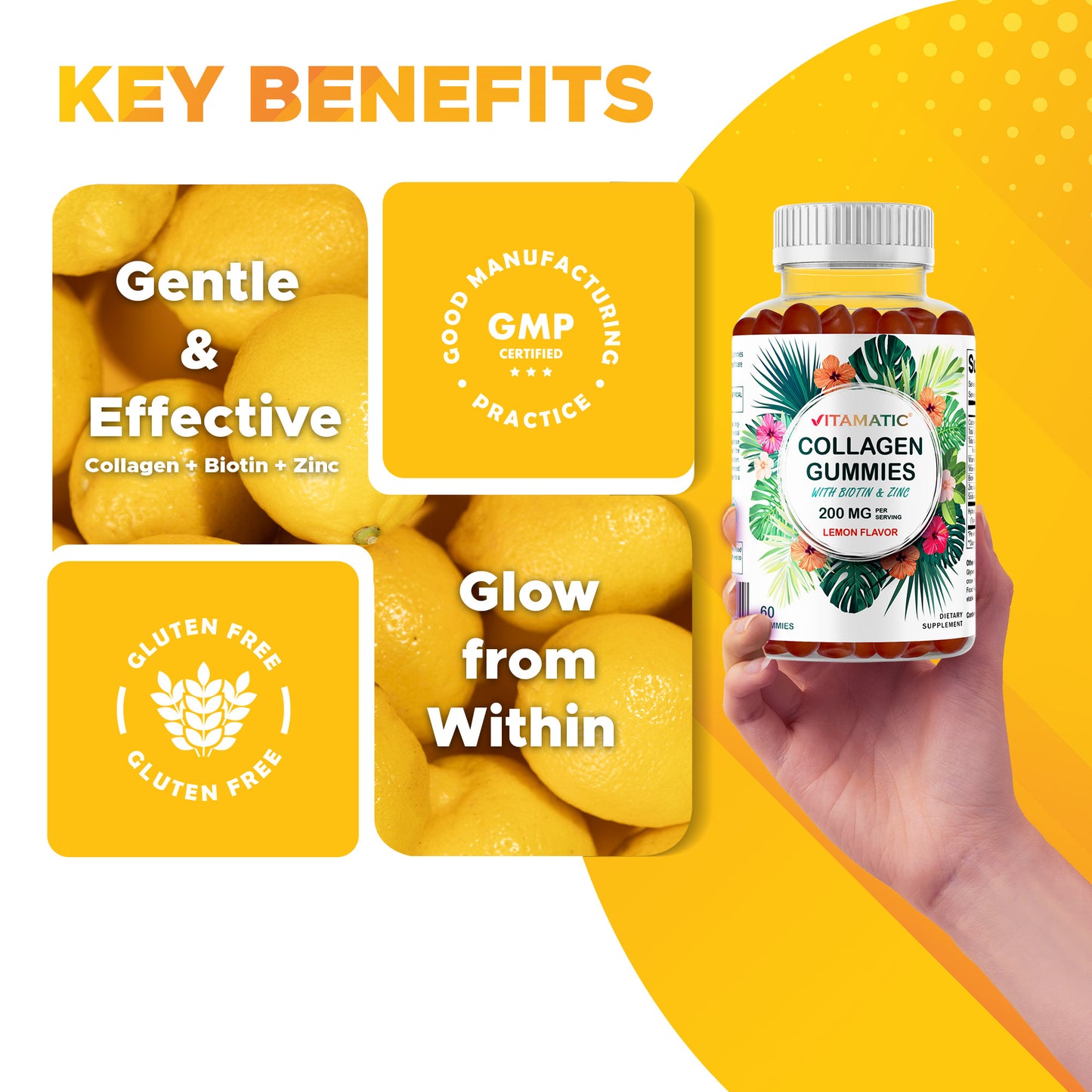 Hydrolyzed Collagen Gummies with Vitamin C, Zinc and Biotin, 200mg - 60 Gummies