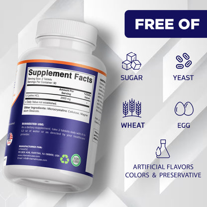 L-Lysine 2000 mg Per Serving | 180 Tablets | Essential Amino Acid Supplement