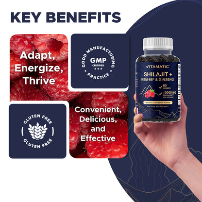 Shilajit with KSM-66® Ashwagandha & Ginseng 10,000 mg Equivalent Per Serving – Natural Raspberry Flavor – 60 Vegan Gummies