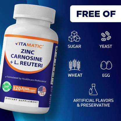 Zinc Carnosine with L. Reuteri 10 Billion CFU & Prebiotic Inulin 264 mg Digestive & Gut Health Support* - 120 Delayed-Release Capsules