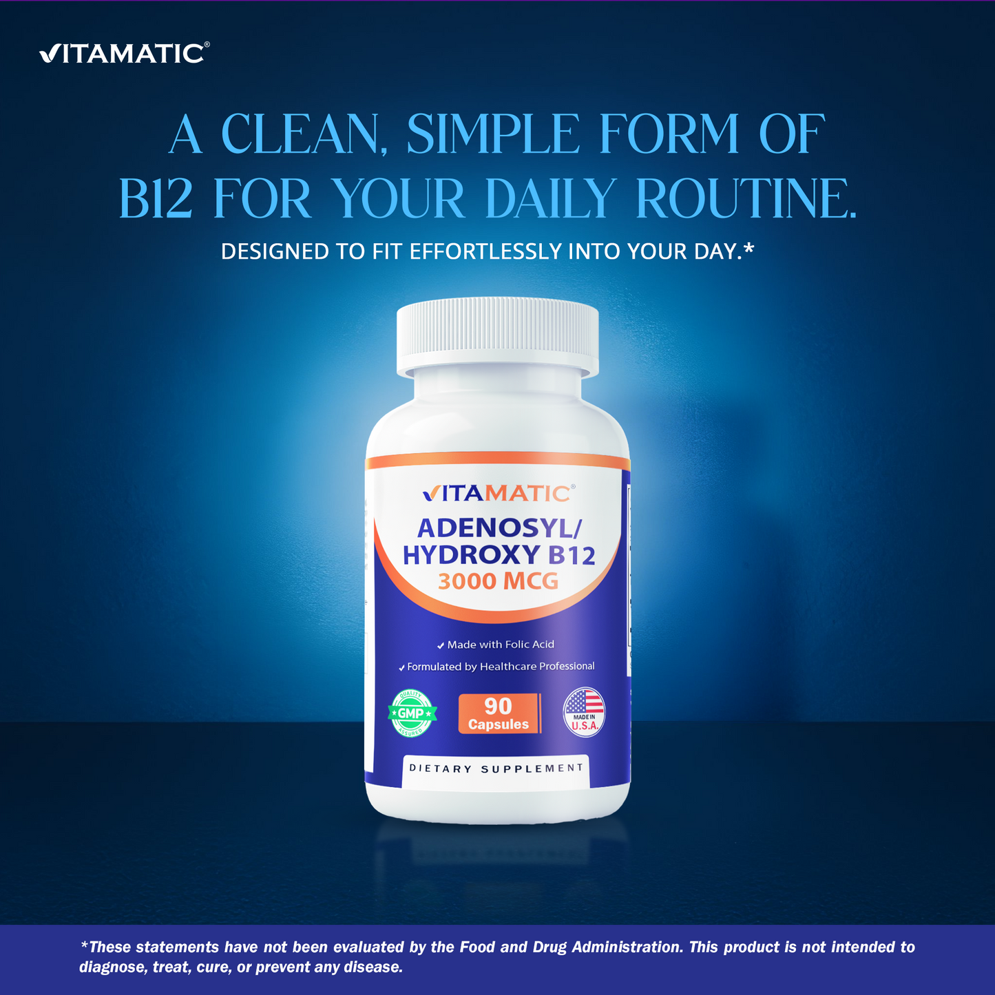 Vitamatic Adenosylcobalamin Hydroxocobalamin B12-3000 mcg with Folic Acid - 90 Capsules