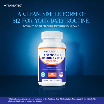 Vitamatic Adenosylcobalamin Hydroxocobalamin B12-3000 mcg with Folic Acid - 90 Capsules