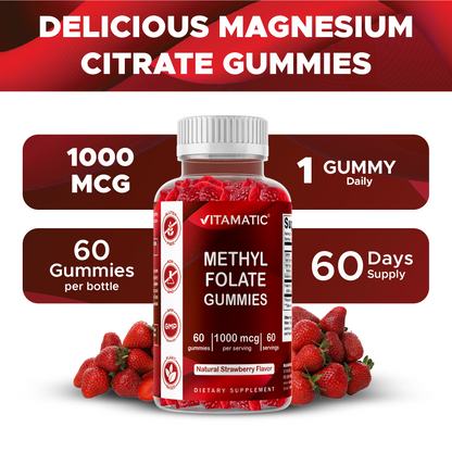 Methylfolate Gummies 1000 mcg – Active 5-MTHF Form – Natural Strawberry Flavor – 60 Gummies