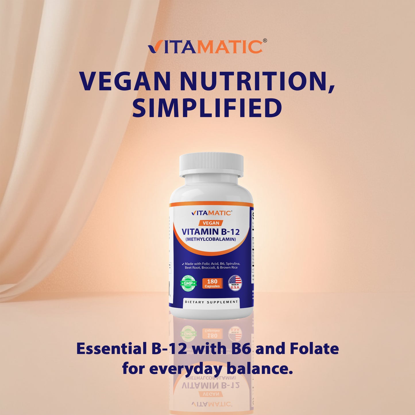 Vitamatic Vegan B12 1000 mcg - Methyl B12 with Folic Acid, Vitamin B6, Spirulina, Beet Root, Broccoli & Brown Rice - 180 Capsules