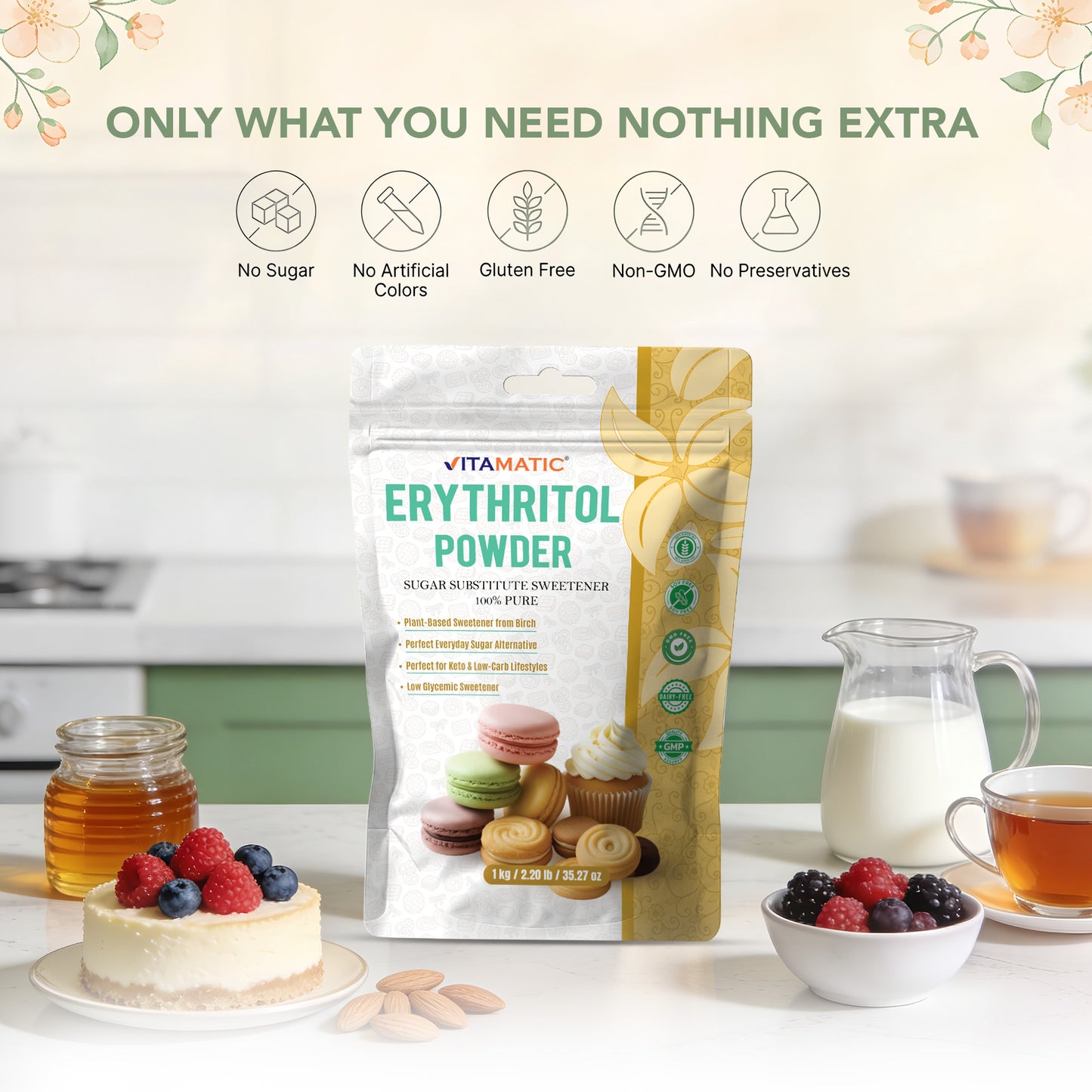 Erythritol Powder 1 kg (2.2 lb) - 100% Pure Sugar Substitute Sweetener – Non-GMO, Gluten Free