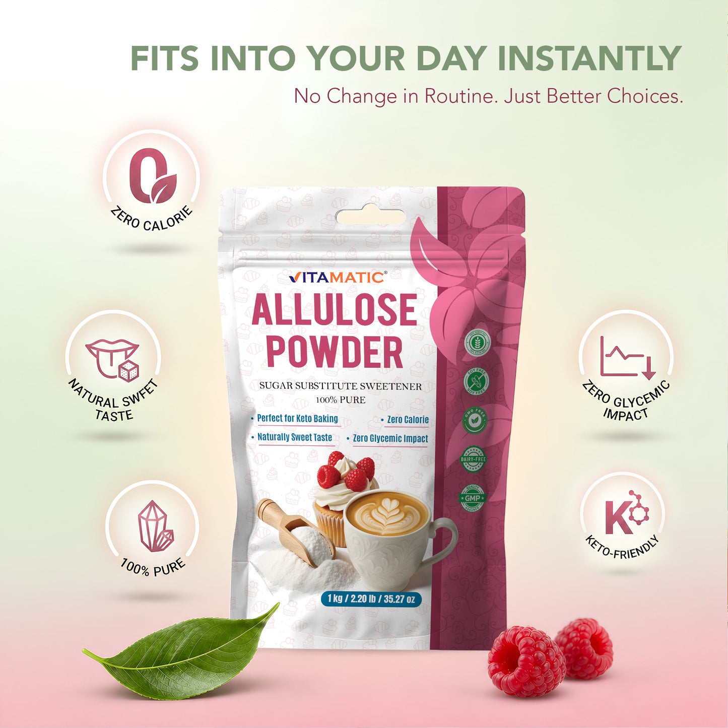 Allulose Powder 1 kg (2.2 lb) – Zero Calorie Sugar Substitute Sweetener – 1:1 Sugar Replacement