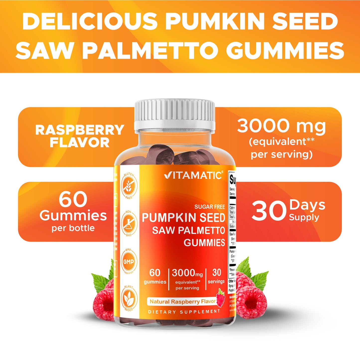 Sugar Free Pumpkin Seed 20:1 extract Gummies - Made with Saw Palmetto - Natural Raspberry Flavor - 60 Count
