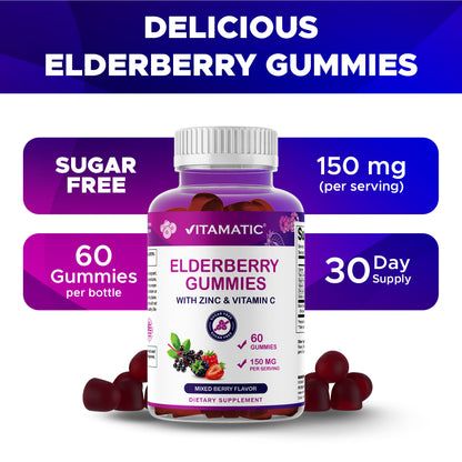 Vitamatic Elderberry Gummies with Vitamin C & Zinc – Mixed Berry Flavor– 60 Gummies