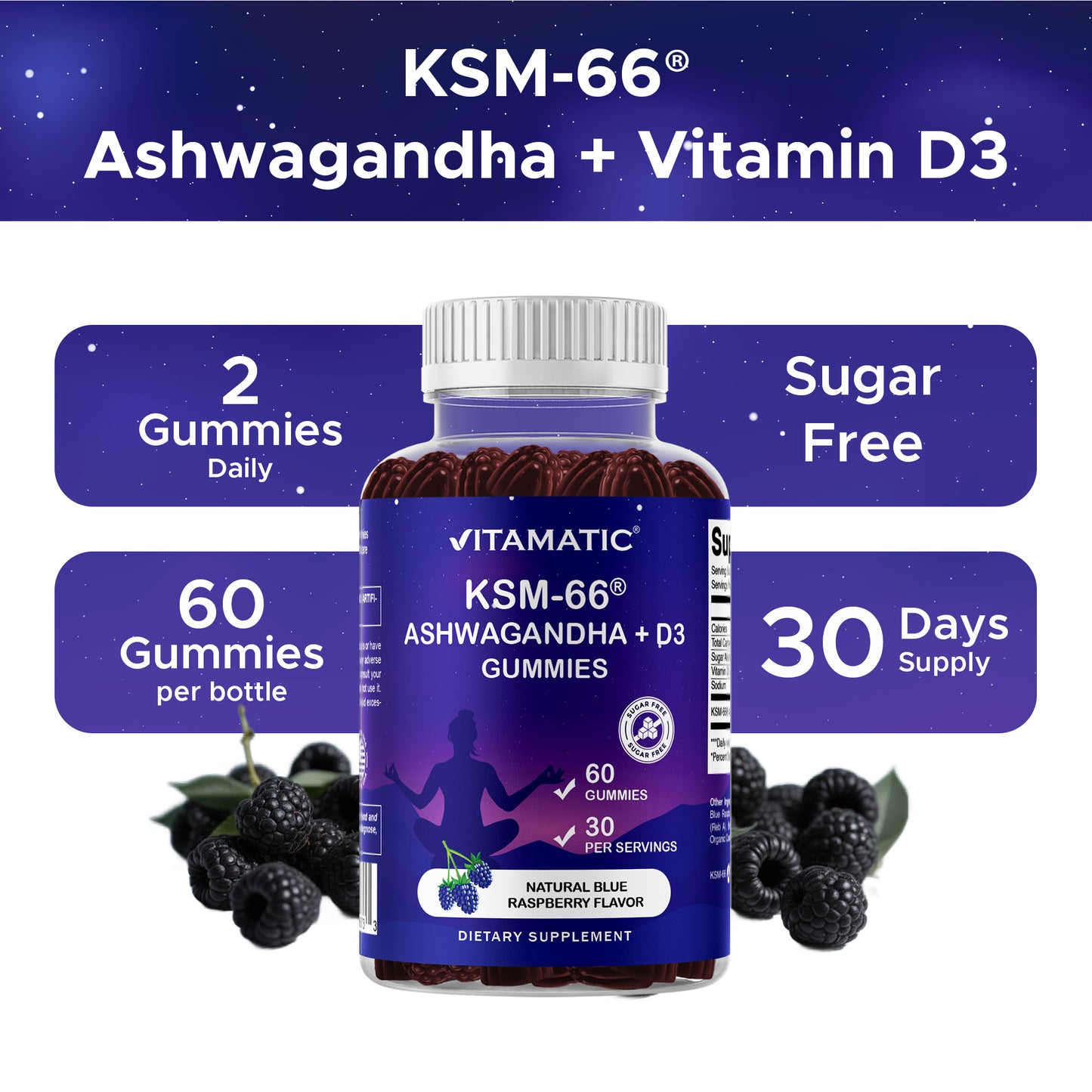 Vitamatic KSM-66® Ashwagandha + D3 Gummies – Natural Blue Raspberry Flavor – 60 Gummies