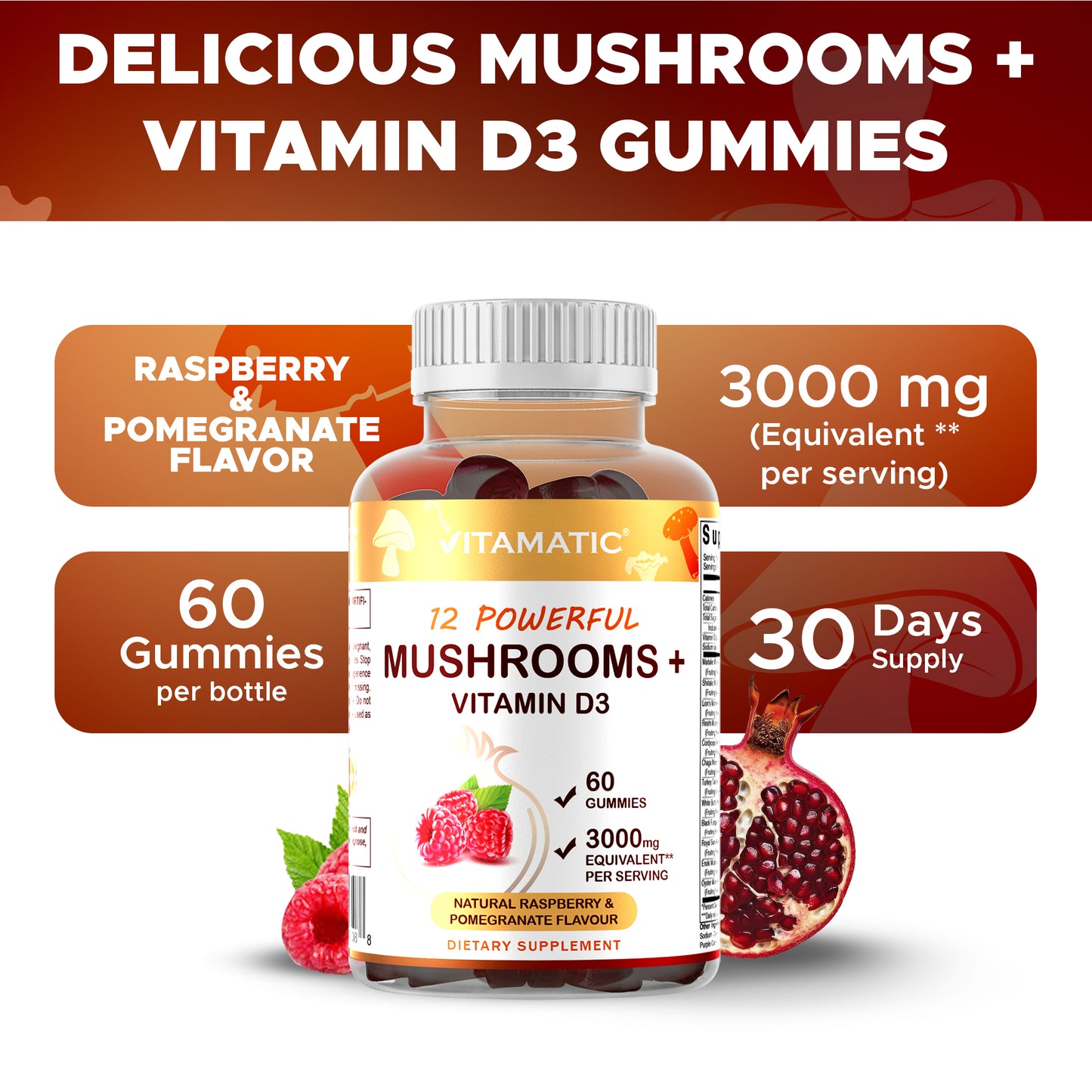 Mushroom Complex with D3 Gummies 3000 mg - 60 Pectin Based Gummies