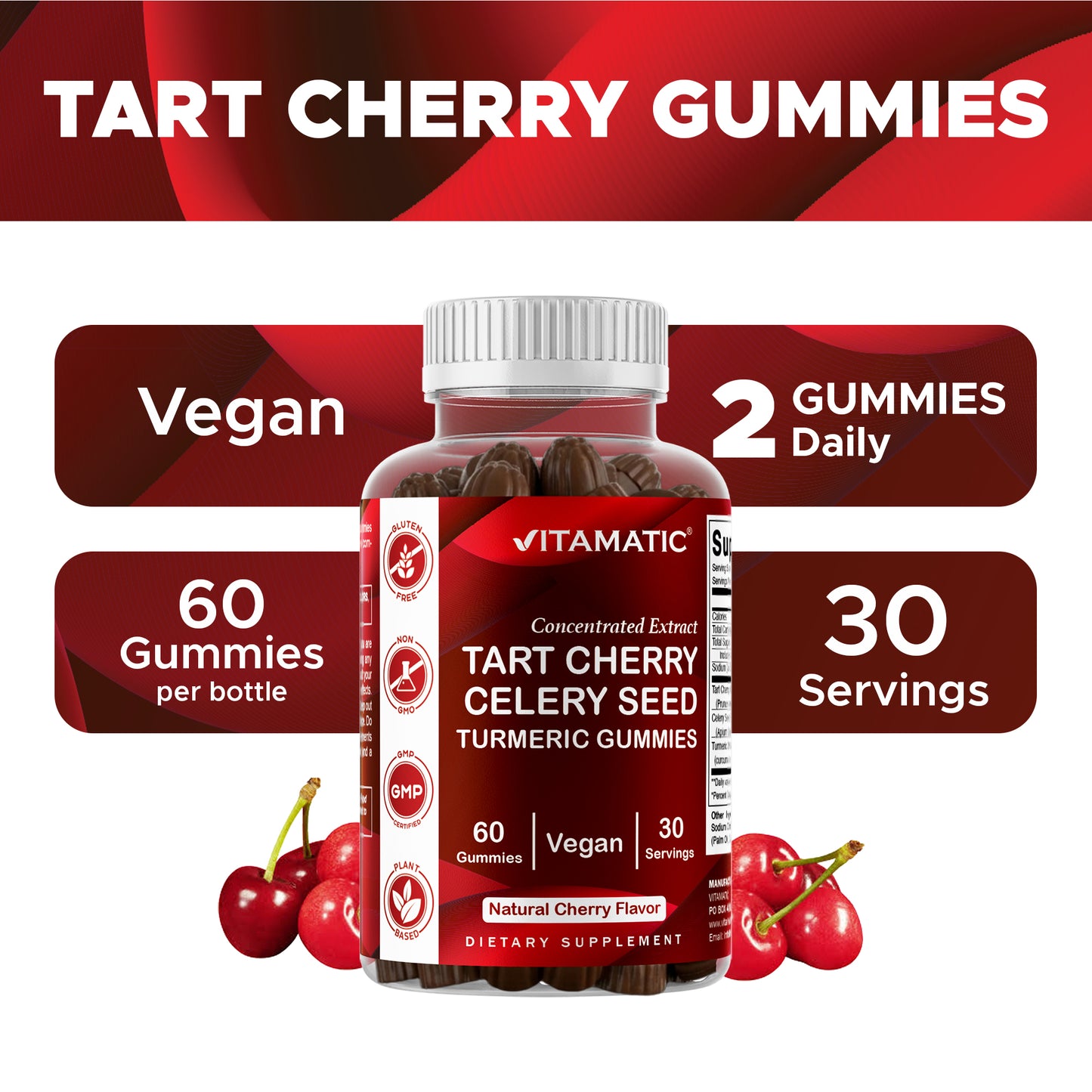 Vitamatic Tart Cherry (360 mg) with Celery Seed (30 mg) 10:1 Extract & Turmeric 20:1 Extract (10 mg) - (Per Serving/2 Gummies) - 60 Gummies
