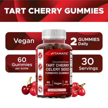 Vitamatic Tart Cherry (360 mg) with Celery Seed (30 mg) 10:1 Extract & Turmeric 20:1 Extract (10 mg) - (Per Serving/2 Gummies) - 60 Gummies
