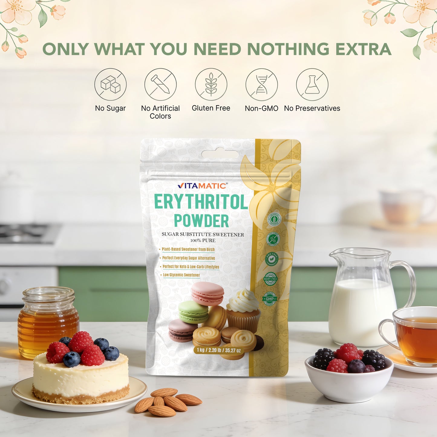 Erythritol Powder 1 kg (2.2 lb) - 100% Pure Sugar Substitute Sweetener – Non-GMO, Gluten Free