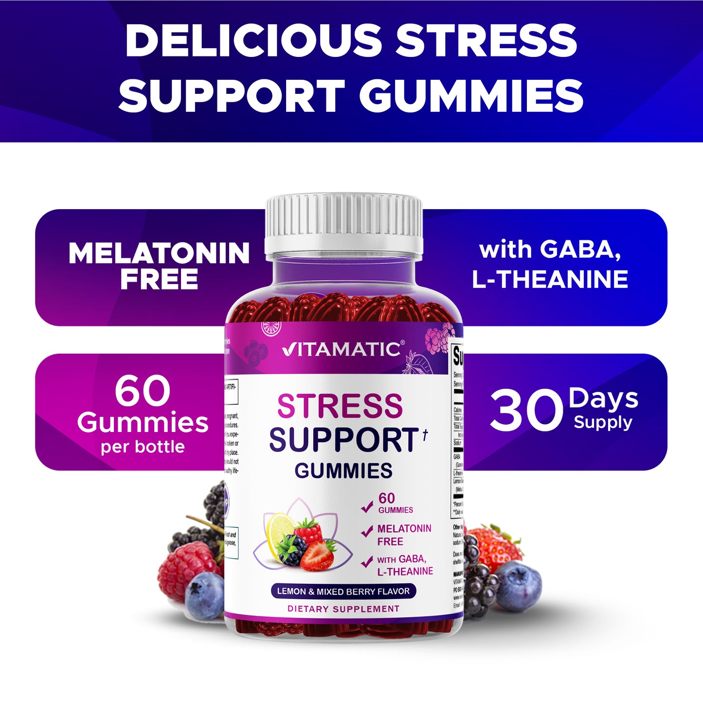 Vitamatic Stress Relief Gummies with GABA, L-Theanine, Lemon Balm – Lemon & Mixed Berry Flavor – 60 Gummies