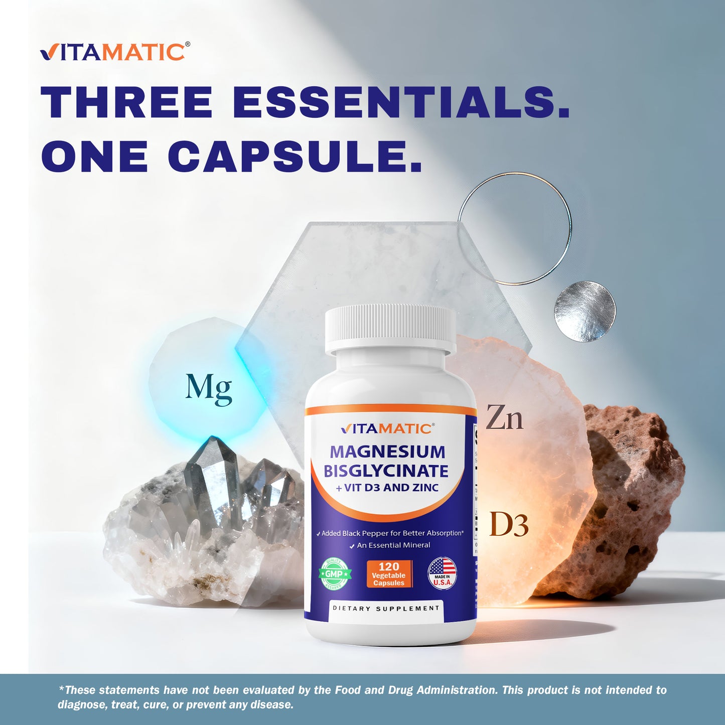 Vitamatic Magnesium (from Bisglycinate & Oxide) with Vitamin D3 & Zinc - 120 Veg Capsules